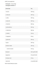 Nutritional information for FA Fitness Authority Core Amino Sample showing amino acid content and serving size.